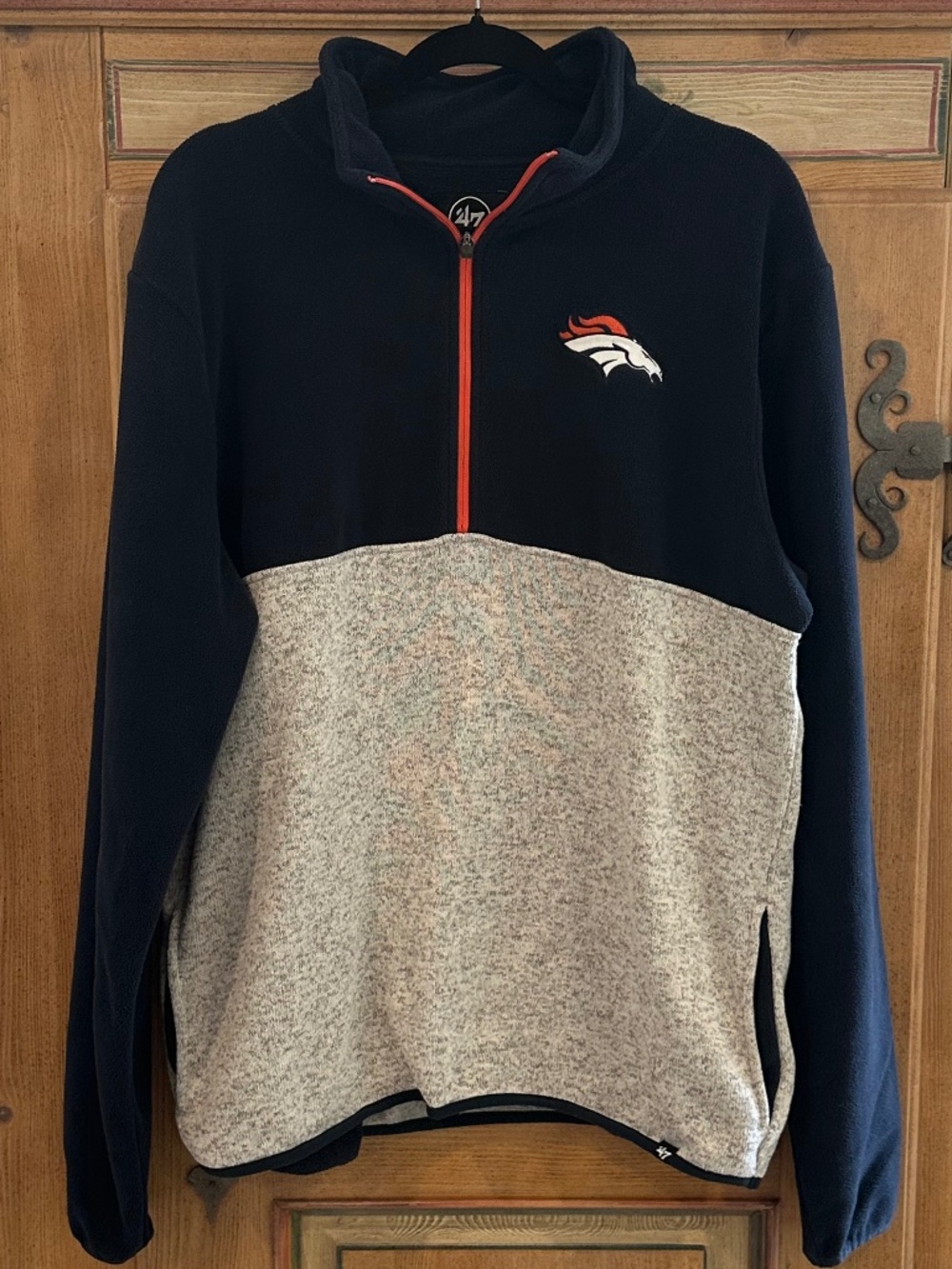 Men's - 47 - Denver Broncos Navy Blue & Grey Fleece Quarter Zip Pullover